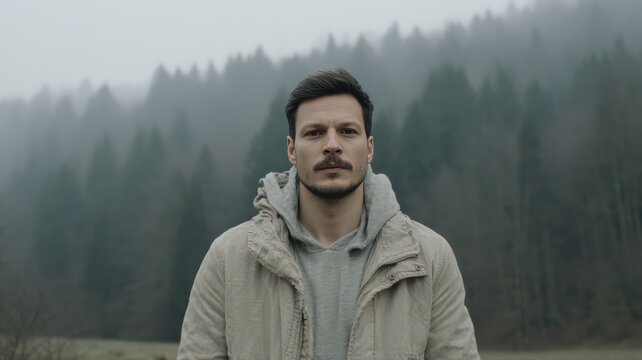 Pensive Man in Foggy Forest Contemplation and Mystery in Nature - Powered by Adobe
