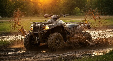 Fototapeta premium ATV splashing through muddy field at sunset