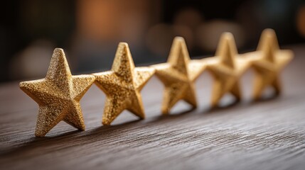 Three golden stars on a table representing success and high value in performance evaluation and outcome reflection