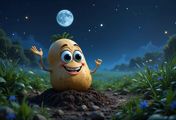 Smiling potato character waving at night. Generative Ai