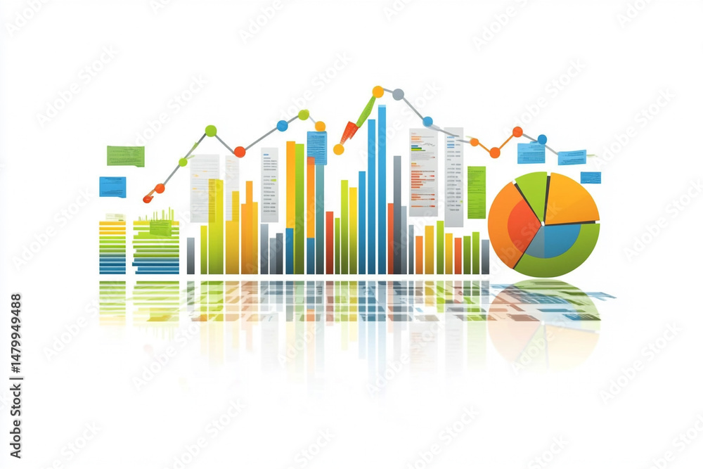 Poster colorful data visualization charts graphs and notes showing growth and decline trends