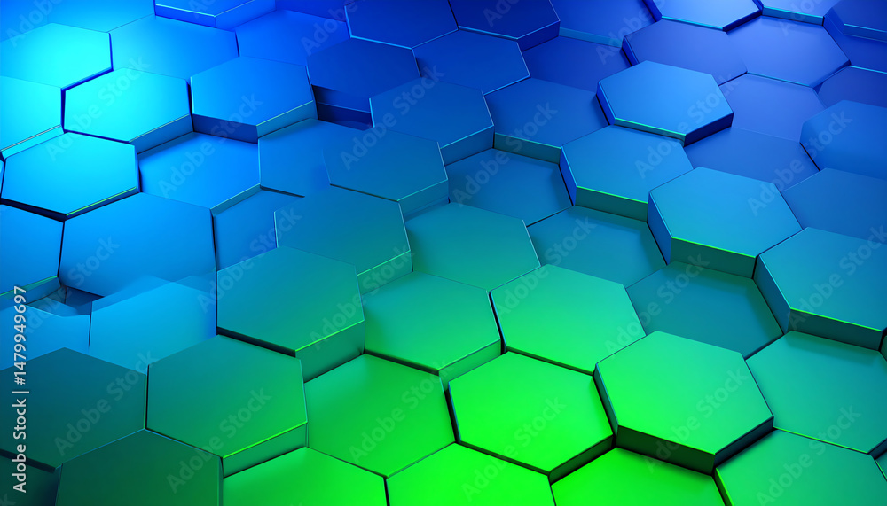 Poster vibrant hexagonal patterns in shades of blue and green create a visually striking, modern abstract b