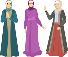 Muslim woman in hijab. Beautiful girls in different dresses. Modern Muslim women in traditional hijabs. Vector people. Color vector illustration