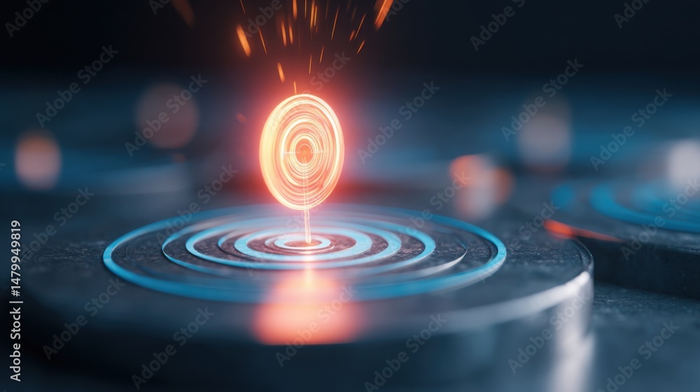 Poster metallic disc emitting light creating a dynamic visual representation of targeted roi stream in busi
