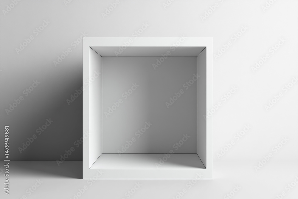 Poster empty white cube shelf on white background minimalist design