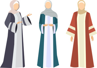 Muslim woman in hijab. Beautiful Muslim dresses.  Modern Muslim women in traditional hijabs. Vector people. Color vector illustration