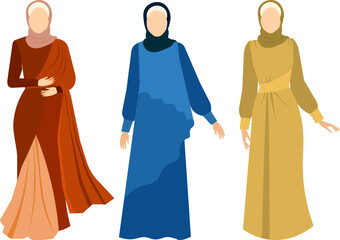 Muslim woman in hijab.  Elegant Muslim dresses.  Modern Muslim women in traditional hijabs. Vector people. Color vector illustration
