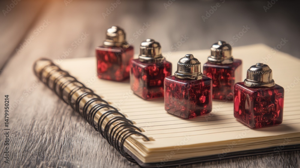 Poster notebook featuring three red perfume bottles illustrating action versus plan in a creative execution