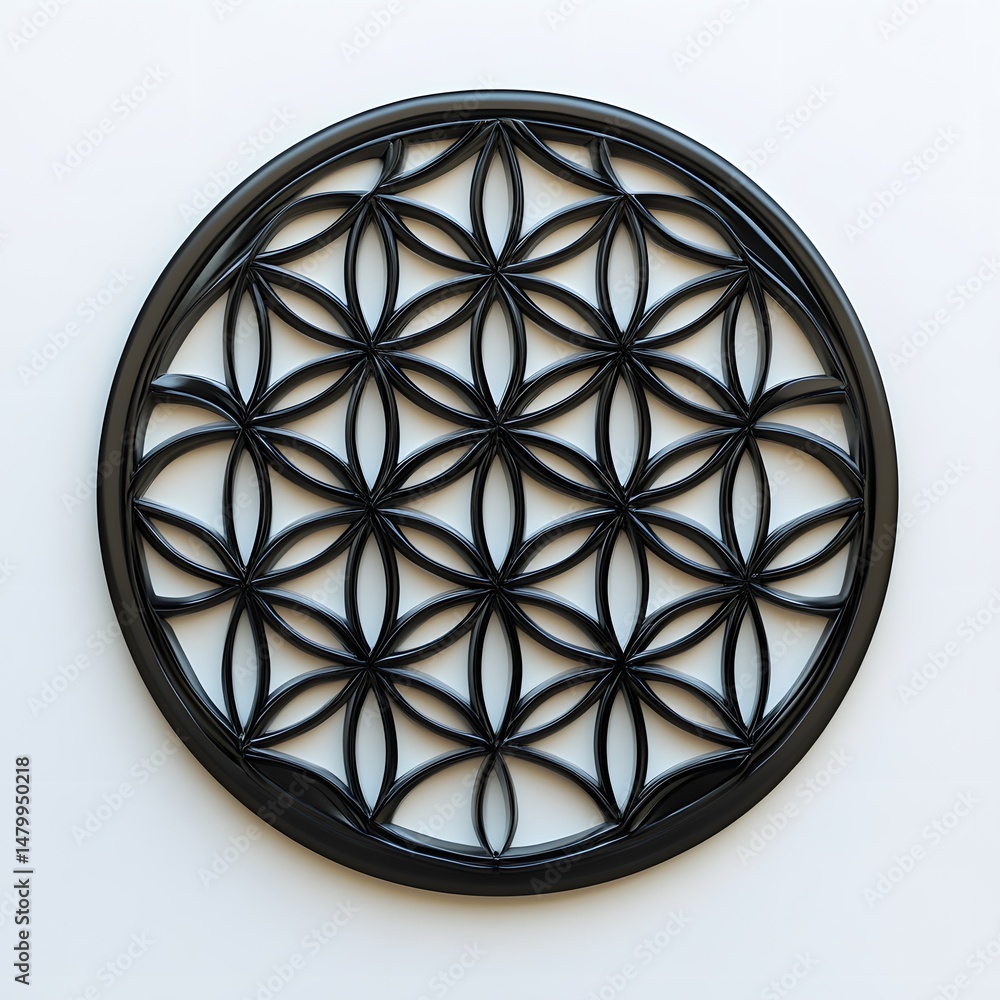 Poster elegant black circular design with intricate flower pattern.