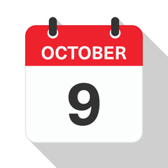 October 9 Daily Calendar. Red Theme on White Background.