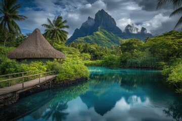 Fototapeta premium Tropical lagoon nestled between lush vegetation and majestic mountains. Tranquil, vibrant scene of a secluded paradise