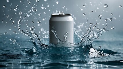 Dynamic water splash with centered white soda can