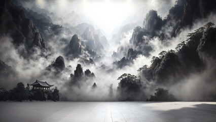 Natural landscape, foggy mountain range, nature background.