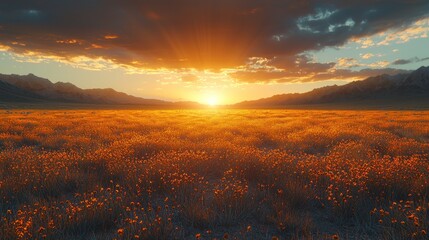 Obraz premium Golden sunset over a vast field of wildflowers