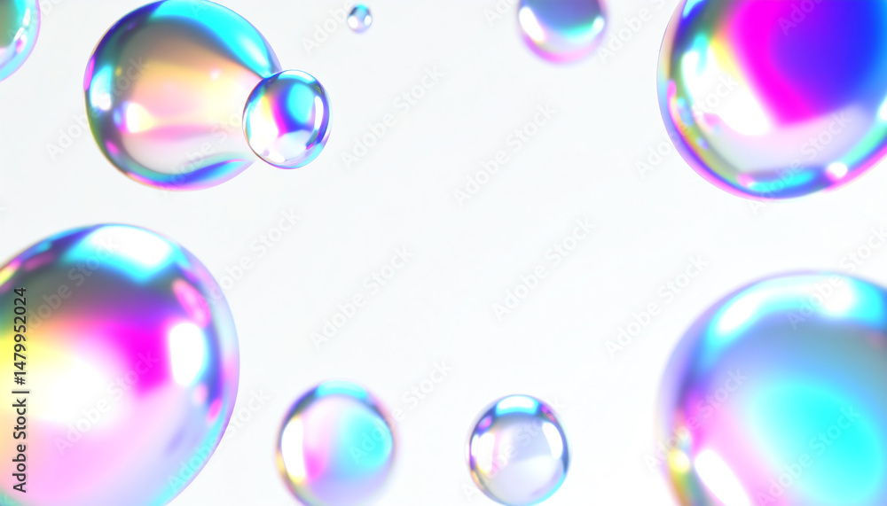 Poster colorful soap bubbles float against a light background, displaying iridescent reflections and a play