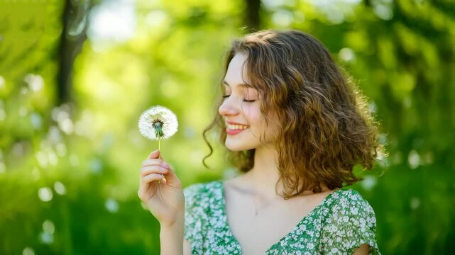 Woman in dress blows on dandelion in park in sunny day