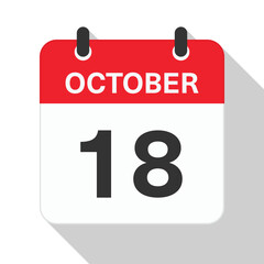 October 18 Daily Calendar. Red Theme on White Background.