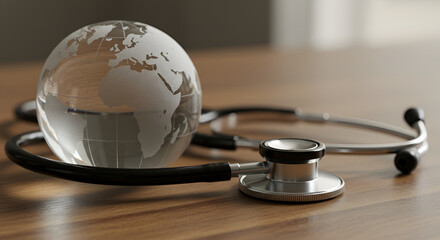 Stethoscope and globe representing global health initiatives and medical care strategies in a professional setting
