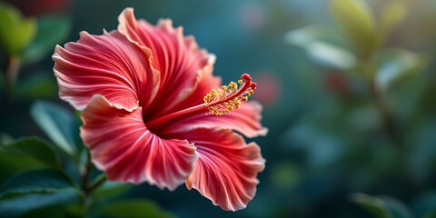 Close Up Shot of Pink Hibiscus Flower with White Tipped Petals and Yellow Stamen Against Lush Green Backdrop Embodying Themes of Beauty Nature and Tropical Elegance