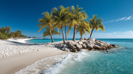 Palm trees on a tropical beach with white sand and turquoise water