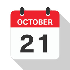 Fototapeta premium October 21 Daily Calendar. Red Theme on White Background.