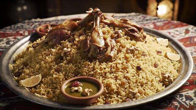  traditional Saudi Arabian Kabsa served on a large round metal tray fragrant spiced rice with roasted chicken or lamb on top