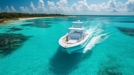 White Speedboat Gliding Through Vibrant Turquoise Ocean – Aerial View of Fast Watercraft Cutting Waves, Crystal Clear Sea, Summer Adventure, Coastal Travel, Tropical Marine Scenic Beauty