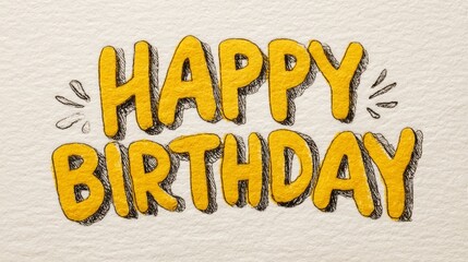 Hand-drawn yellow Happy Birthday text with sketched accents on paper texture.