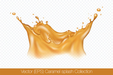 Realistic crown shaped Caramel splash with droplets isolated on transparent background, vector (EPS) illustration. Transparent golden liquid frozen motion illustration, layered