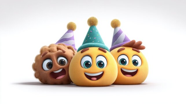 Three cute cartoon emoji characters wearing party hats on white background.