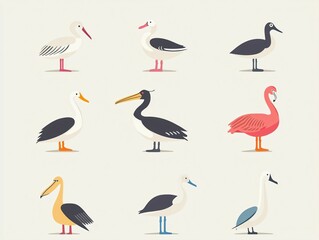 Obraz premium Colorful Illustrated Birds in Various Poses on Simple Background