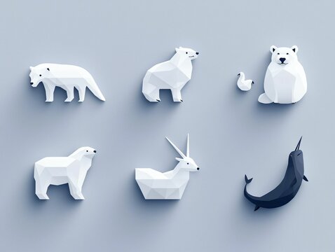 Geometric Animal Collection in White and Blue, Minimalist Design - Powered by Adobe