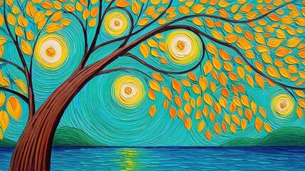 Golden Autumn Tree Painting Teal Sky and Blue Water