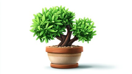 Decorative bonsai tree in ceramic pot with lush green leaves on white background.