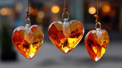 Gleaming amber crystal heart pendants sparkle