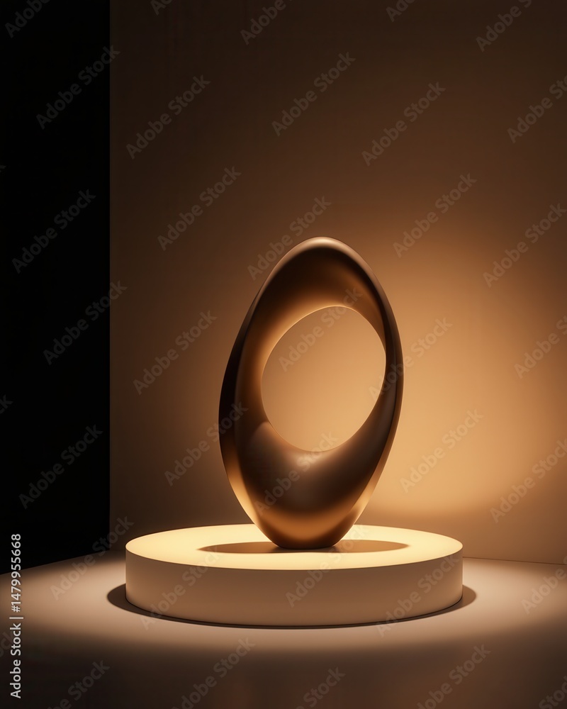 Poster sleek abstract sculpture with a circular opening, illuminated dramatically on a white pedestal in a 