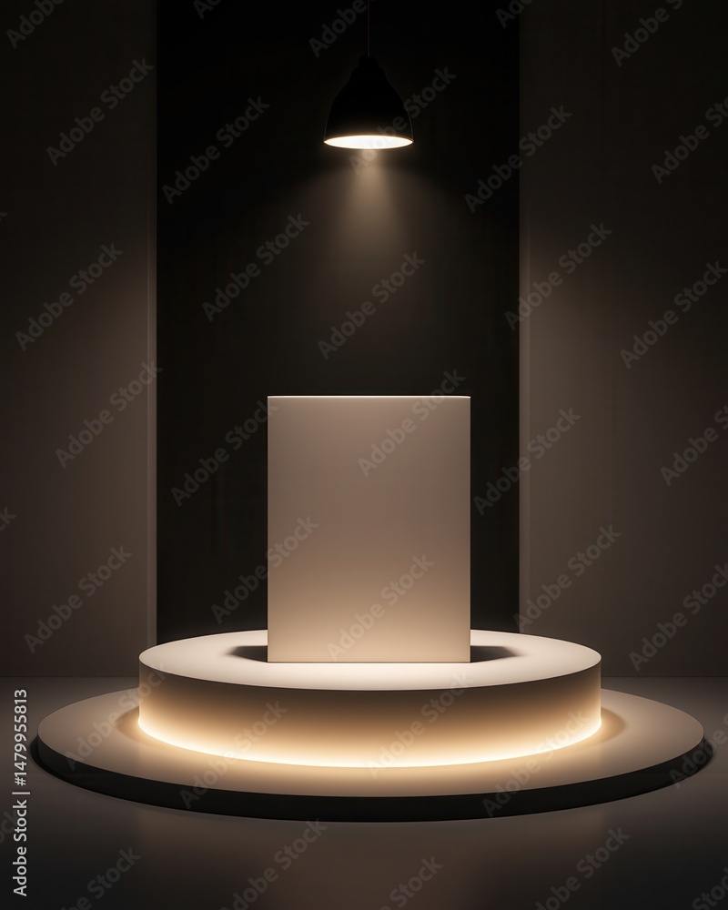 Poster a minimalistic pedestal is illuminated by a single overhead spotlight in a dark, modern room with ci