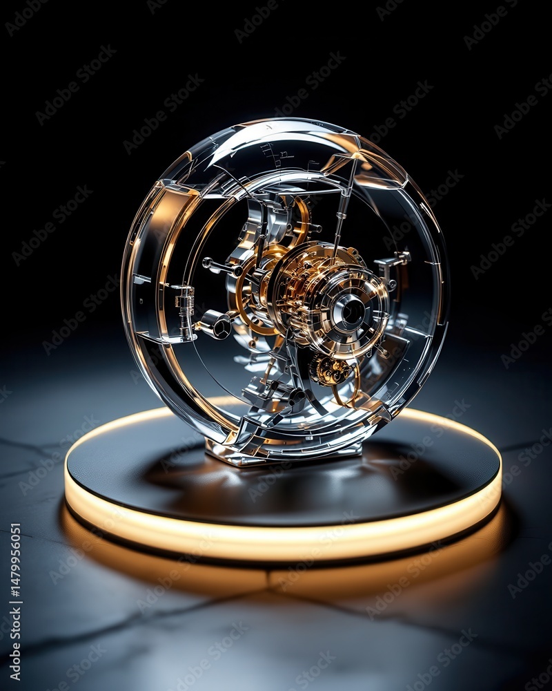 Poster A transparent, futuristic mechanical sphere with intricate inner gears displayed on a glowing platform in a dark setting.