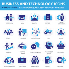 Headhunting icon set. Recruitment icon. Analytics icon set. Containing data analytics, graph visualization, dashboard metrics, report, financial, seo analytics, Job Interview, Career Path, Resume
