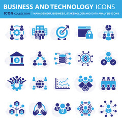 Business, data analysis, organization management, stakeholder and technology set. Teamwork, strategy, planning, marketing, cloud technology, data analysis, employee icon set. Icons vector collection