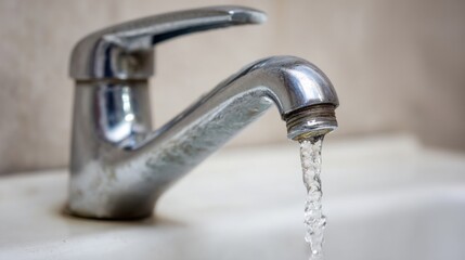 Chrome faucet dispensing water in bathroom sink close up view for hygiene or plumbing concept