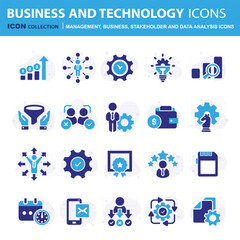 Business, data analysis, organization management and technology icon set. Teamwork, strategy, planning, marketing, cloud technology, data analysis, employee icon set. Icons vector collection