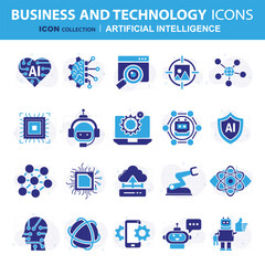 Artificial intelligence icon set web design. Pack pictograms with algorithm, data science, deep learning, brain, computer, vision, automation, other. Vector illustration