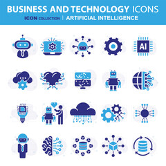 Artificial intelligence icon set web design. Pack pictograms with algorithm, data science, deep learning, brain, computer, vision, automation, other. Vector illustration
