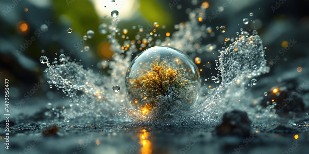 Poster clear orb splashing on textured surface with golden plant inside and bokeh lights