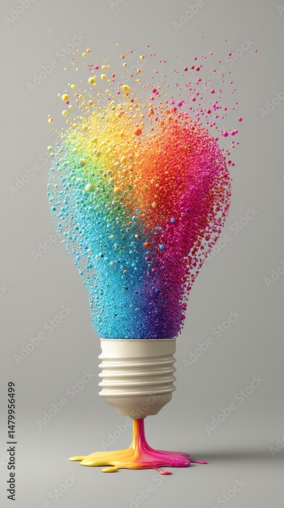 Poster lightbulb exploding with vibrant rainbow colors artistic concept studio shot creativity and innovati