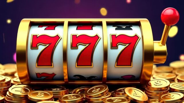 Golden slot machine showing 777 jackpot on coins background