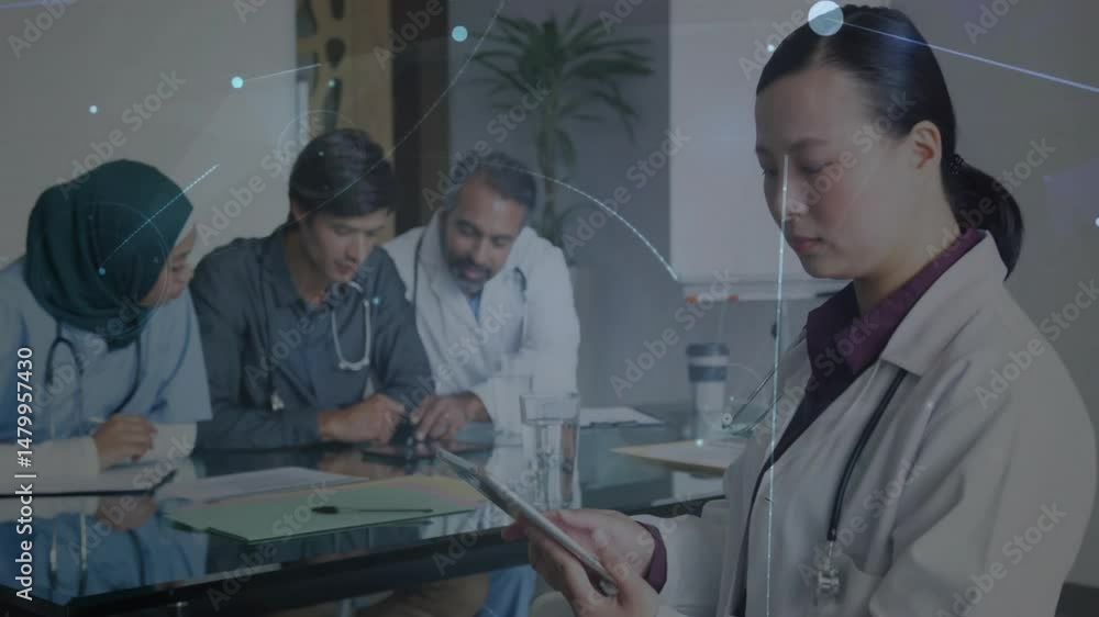 Poster medical team examining records with digital tablet, displaying floating health data graphs