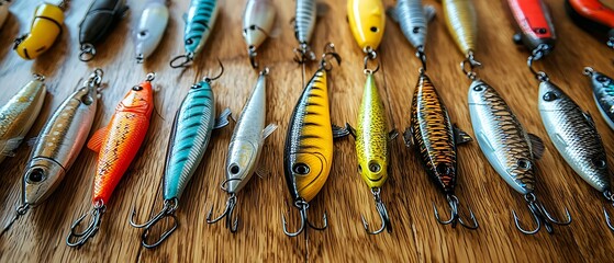 Colorful Fishing Lures Arranged on Wooden Background for Anglers
