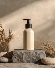 Beige Dispenser Bottle Mockup on Stone Pedestal with Dried Grass Neutral Background Minimalist Style